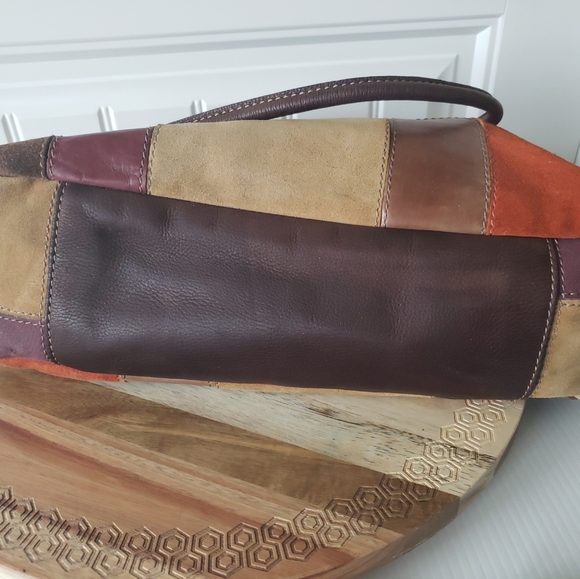 Fossil 1954 Suede Leather Multi Color Patchwork Double Handle Satchel key Fob - Picture 3 of 6